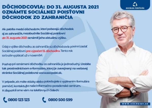 Dôchodcovia: Do 31.8.2021 oznámte Sociálnej poisťovni dôchodok zo zahraničia