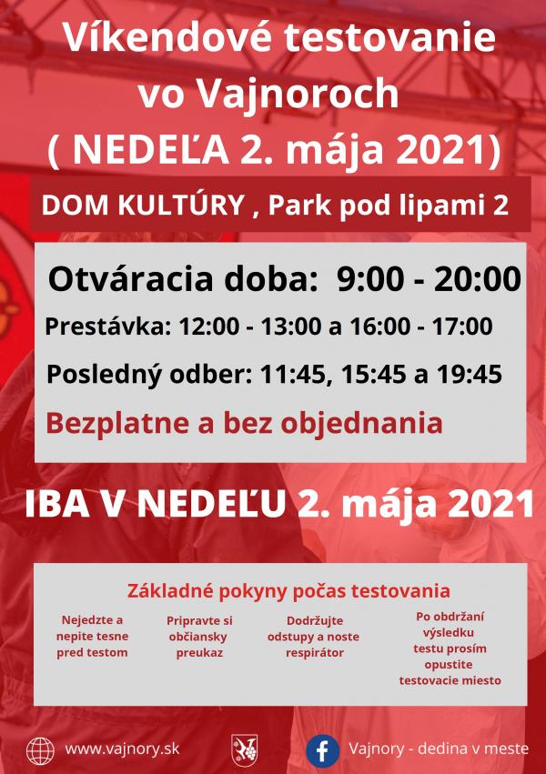 Najbližší víkend bude testovanie vo Vajnoroch bez objednania V NEDEĽU 2. mája 2021